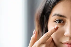 Woman holding a contact lens on her fingertip near her eye.