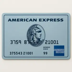 An American Express credit card with a blue background and the card number 3759 87654 21001