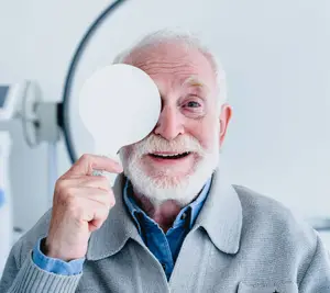 Senior man smiling while undergoing eye disease screening with occluder.