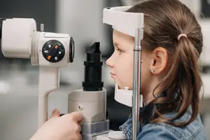 Young girl having vision screening with optometrist equipment.