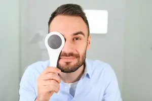 Man holding occluder over one eye during a comprehensive eye exam.
